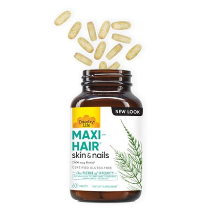 Country Life Maxi-Hair Supplement - 2000mcg Biotin for Hair, Skin & Nails | Gluten Free & Vegetarian - 60 Tablets