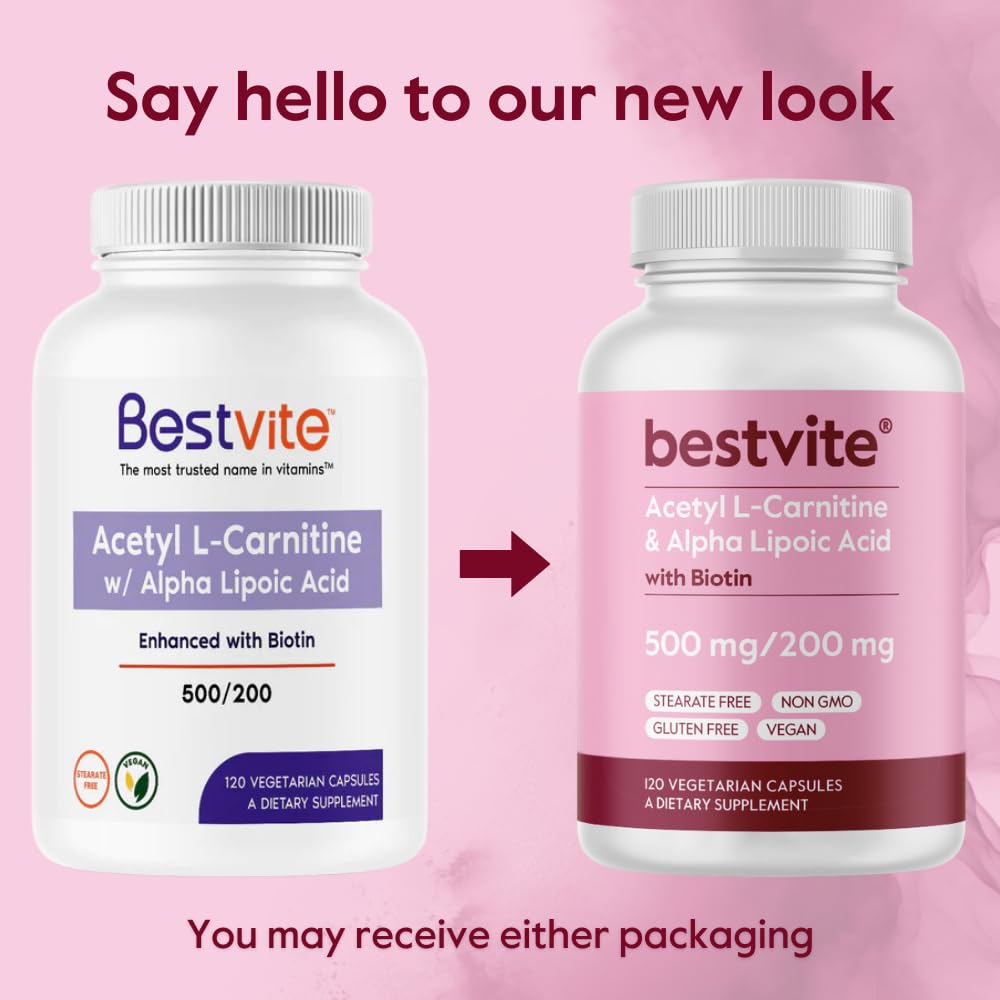BESTVITE Acetyl L-Carnitine 500mg & Alpha Lipoic Acid 200mg per Capsule with Biotin (120 Vegetarian Capsules) - No Stearates - Vegan - Non GMO - Gluten Free
