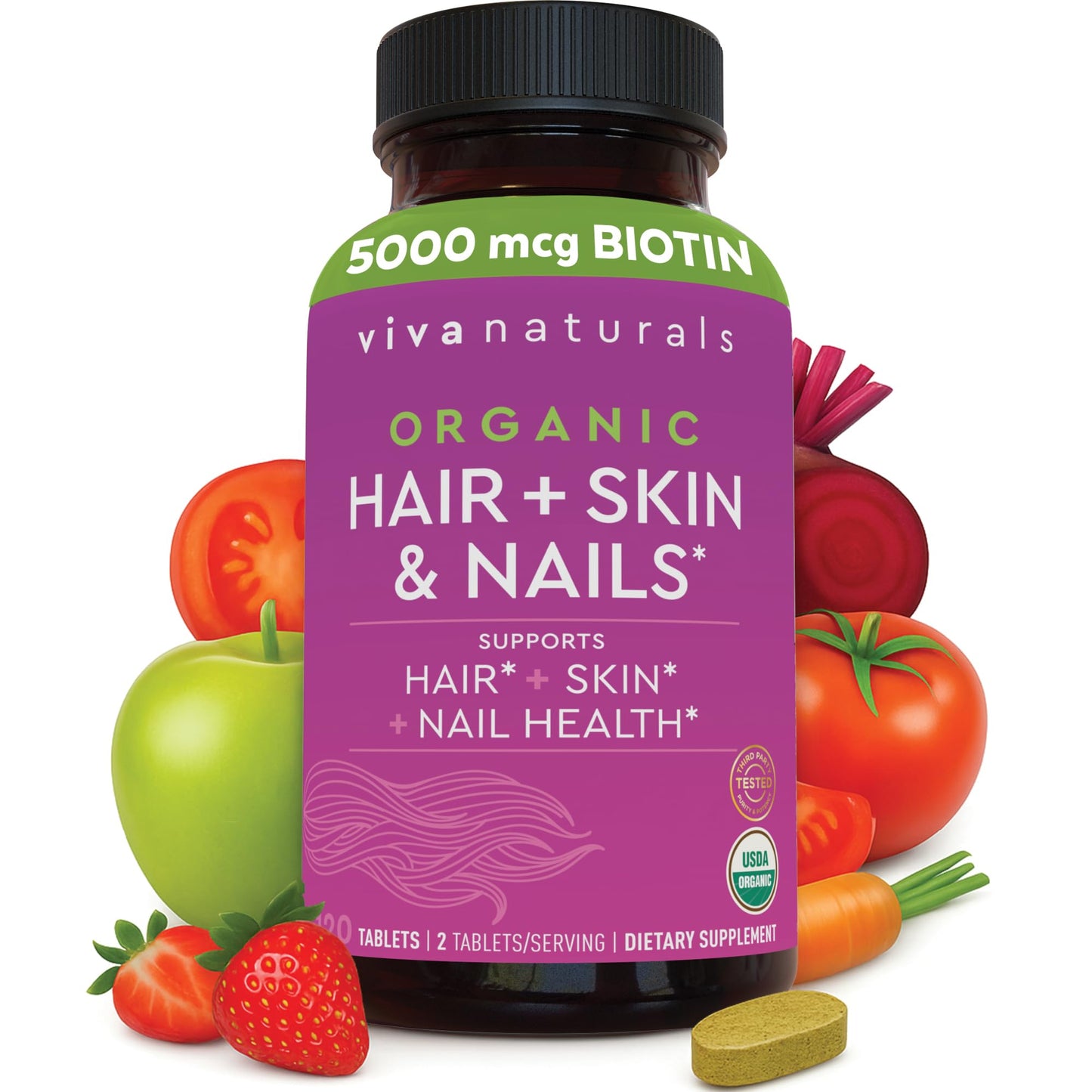 Biotin 5000 mcg Hair, Skin & Nails for Women – Organic & Vegetarian | 120 Count