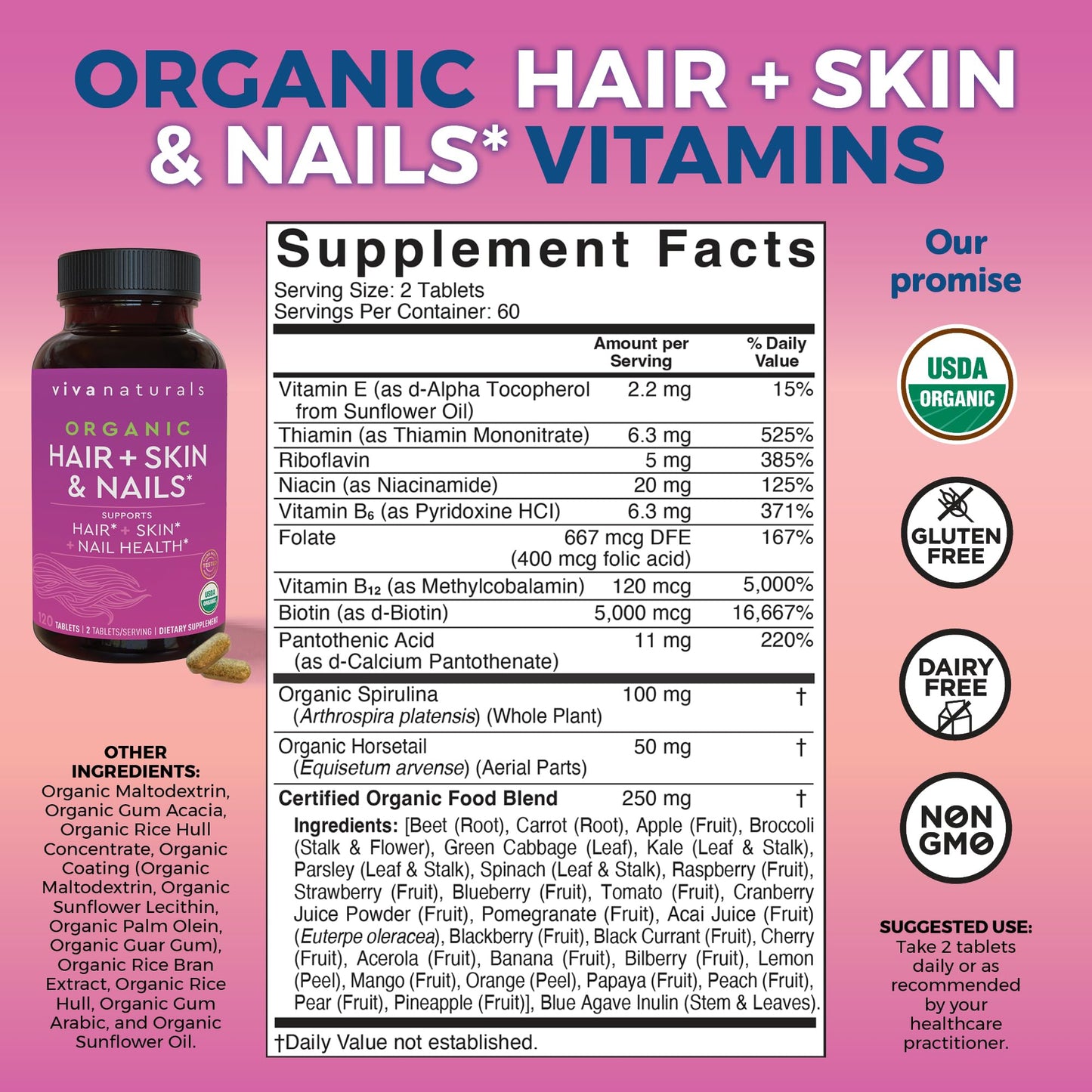 Biotin 5000 mcg Hair, Skin & Nails for Women – Organic & Vegetarian | 120 Count