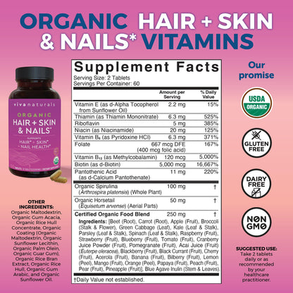 Biotin 5000 mcg Hair, Skin & Nails for Women – Organic & Vegetarian | 120 Count