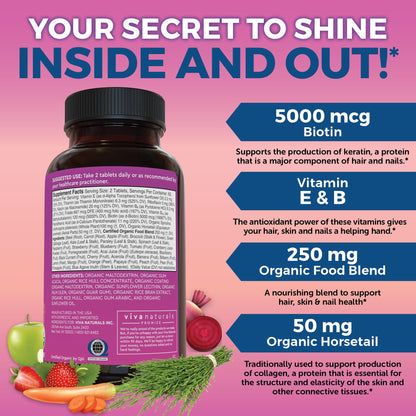 Biotin 5000 mcg Hair, Skin & Nails for Women – Organic & Vegetarian | 120 Count