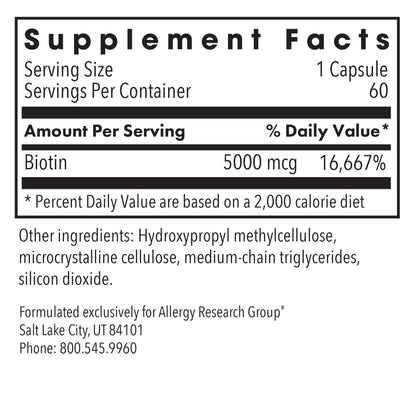 Allergy Research Group Biotin 5000 Supplement - 60 Count | Biotin 5000mcg for Hair, Skin & Nails (Hypoallergenic, Gluten Free)