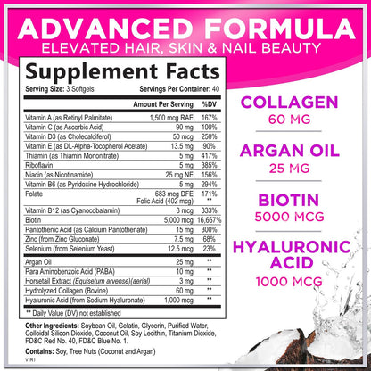 Hair, Skin & Nails Vitamins for Women - Biotin 5000mcg + Argan Oil, Collagen & Hyaluronic Acid | 120 Softgels