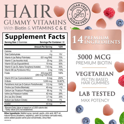 Sugar Free Hair Vitamins Gummies with Biotin 5000 mcg – Supports Hair Growth