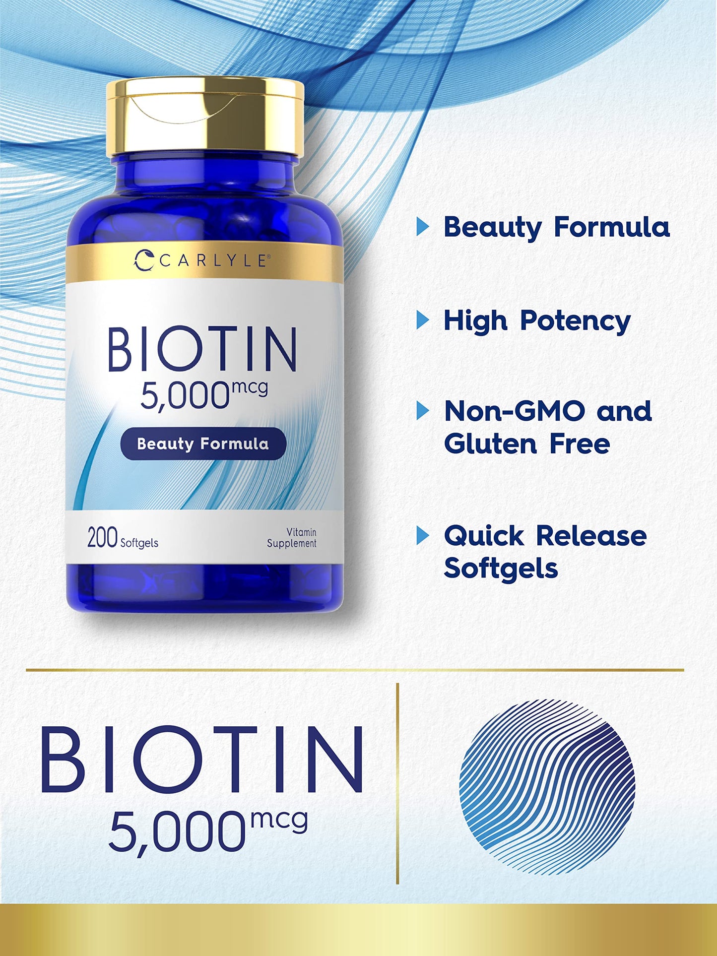 Carlyle Biotin 5000mcg Softgels – 200 Count | Hair, Skin & Nails Vitamin | Non-GMO, Gluten Free