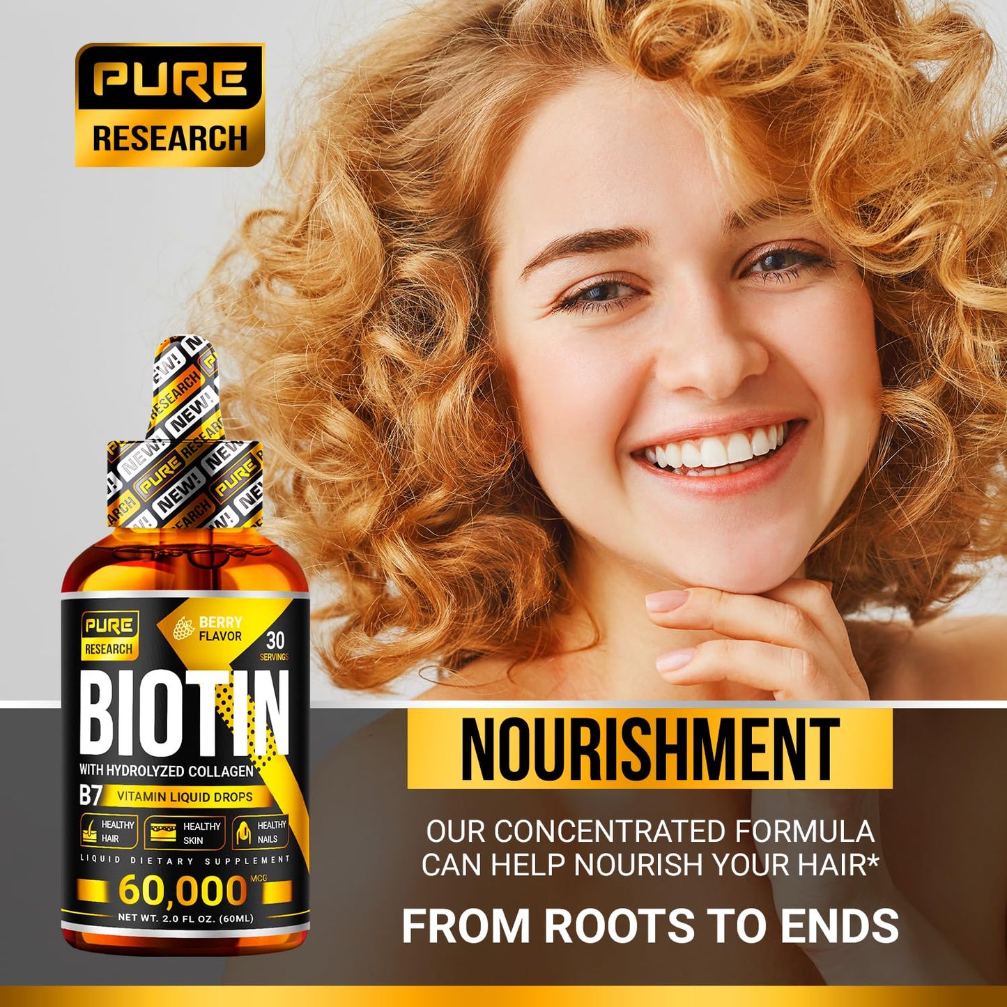 Liquid Biotin & Collagen Drops 60,000mcg – Hair, Skin & Nails Support – 2oz