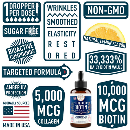 Biotin Liquid with Collagen for Hair Growth – 10,000mcg Biotin + 5,000mcg Collagen Drops – 2oz