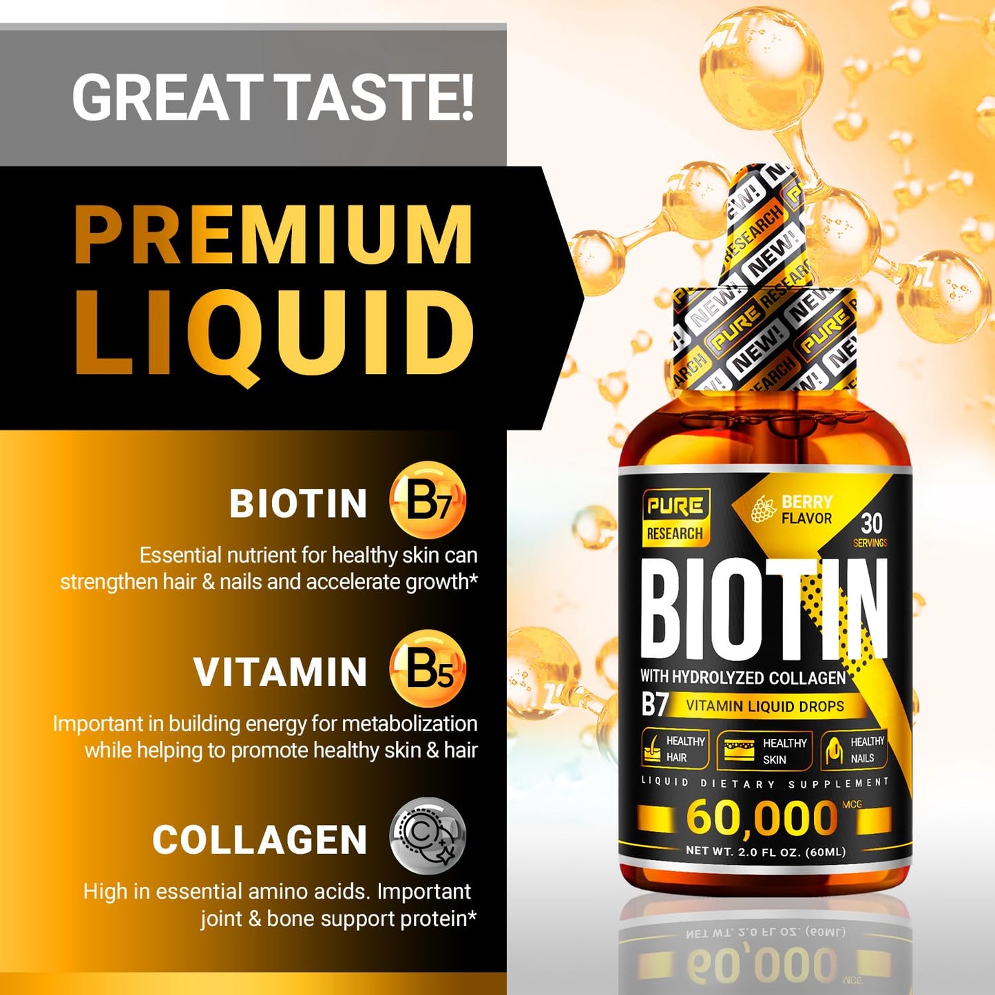 Liquid Biotin & Collagen Drops 60,000mcg – Hair, Skin & Nails Support – 2oz