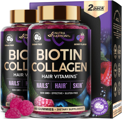 Biotin Gummies with Collagen - Hair, Skin & Nails | Sugar-Free, Mixed Berry, Pack of 2