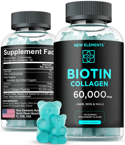 Biotin & Collagen Peptides Gummies - 50,000mcg Collagen + 10,000mcg Biotin | Hair, Skin & Nails Support for Men & Women | Hair Growth, Glowing Skin & Strong Nails | Non-GMO, Chewable, Great-Tasting