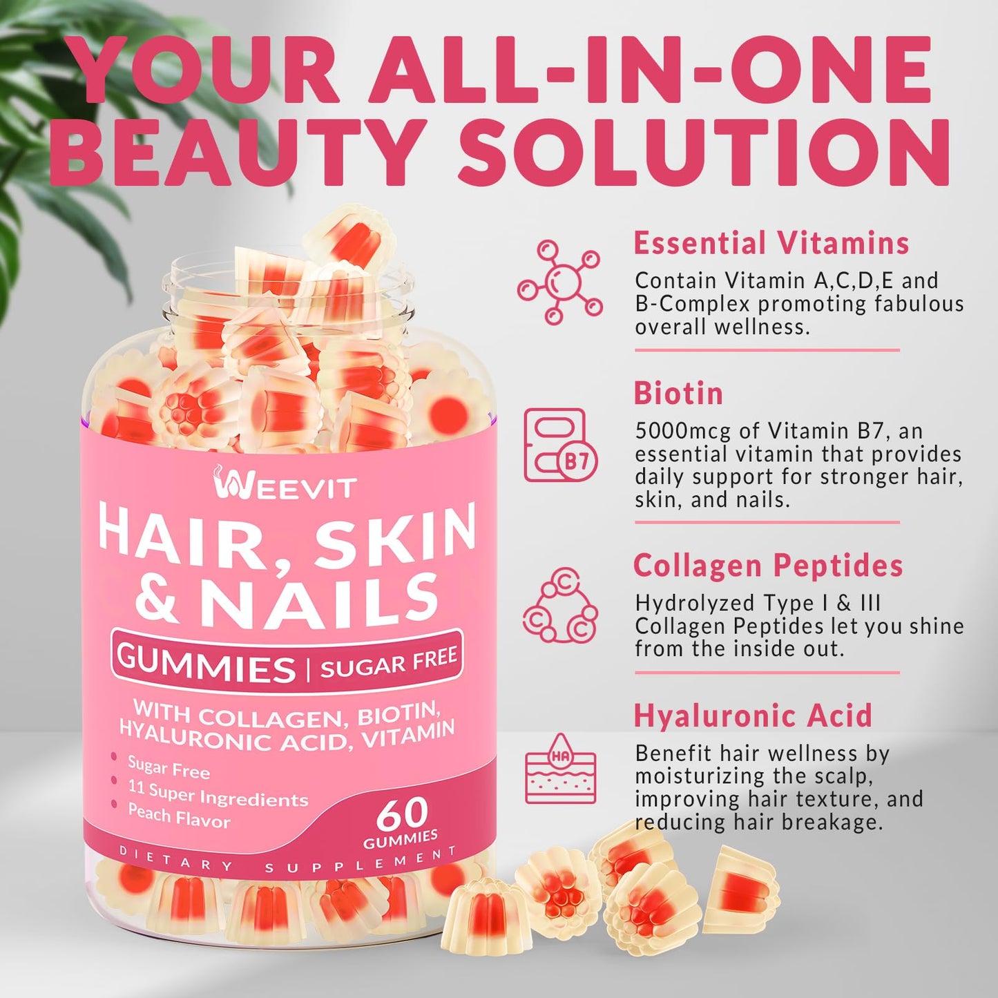 Hair Skin & Nails Gummies – Biotin, Collagen & Hyaluronic Acid | Gluten Free & Non-GMO
