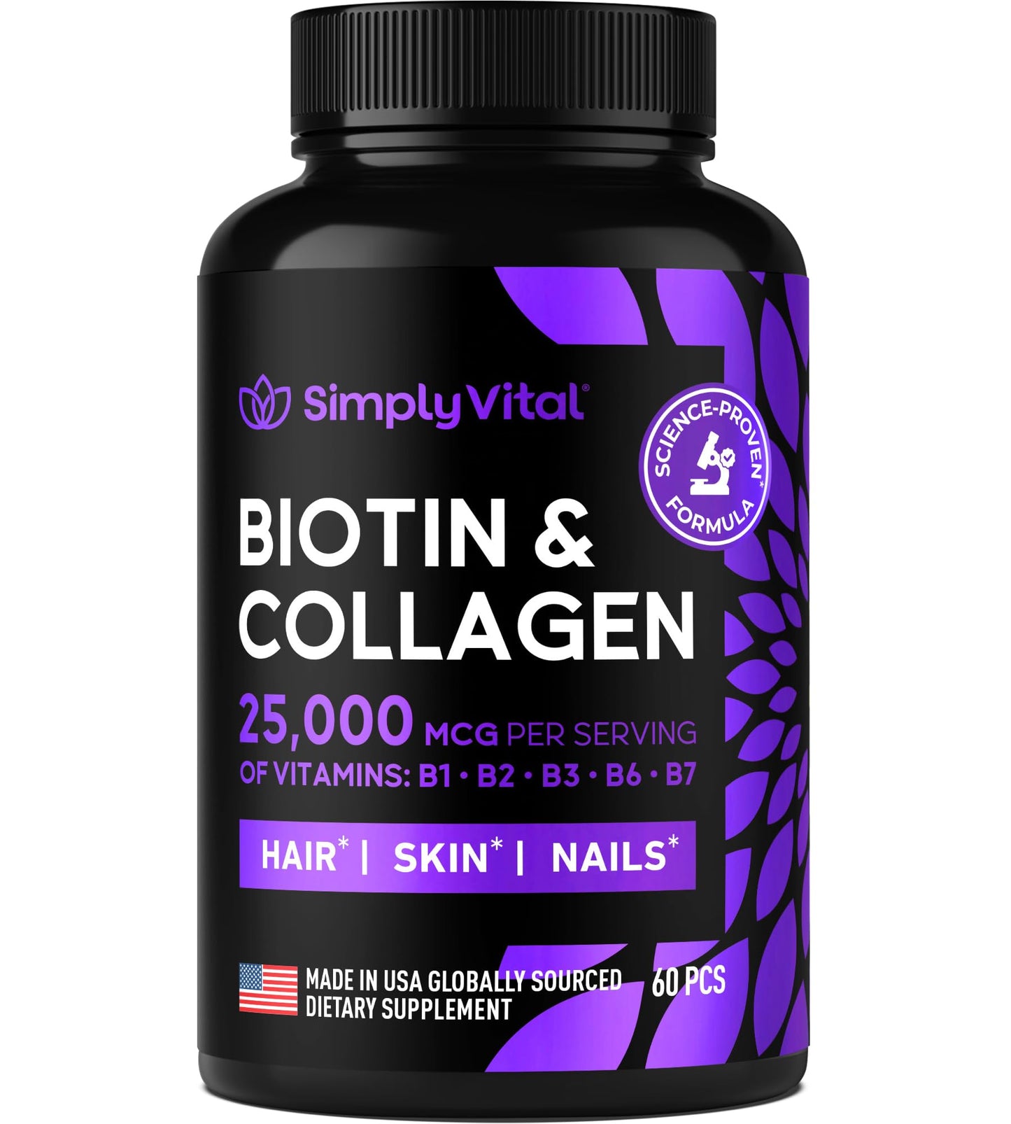 Biotin & Collagen with Keratin – 25000 mcg, Hair Skin Nails – 60 Capsules – Made in USA