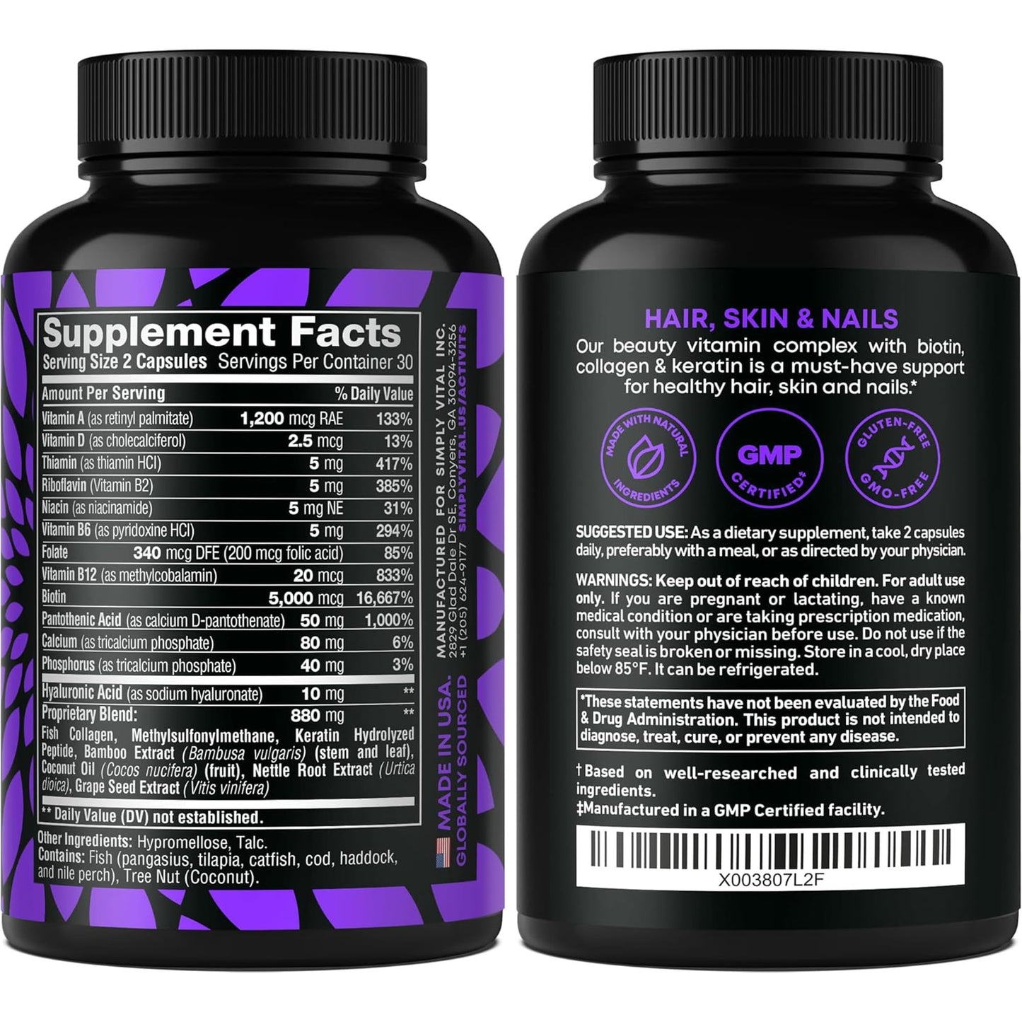 Biotin & Collagen with Keratin – 25000 mcg, Hair Skin Nails – 60 Capsules – Made in USA