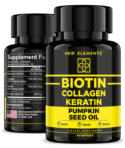 Biotin 10000mcg with Collagen, Keratin & Pumpkin Seed Oil – Hair, Skin & Nails Support | For Women & Men