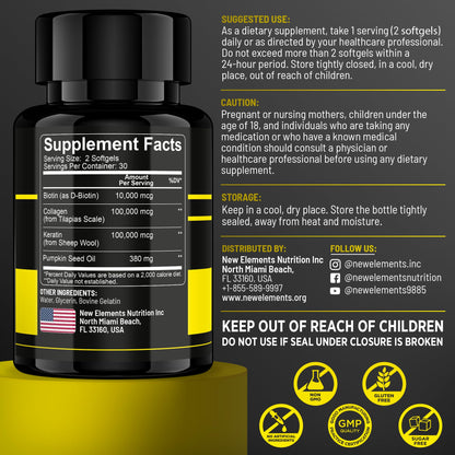Biotin 10000mcg with Collagen, Keratin & Pumpkin Seed Oil – Hair, Skin & Nails Support | For Women & Men
