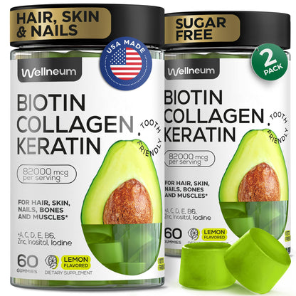 Biotin and Collagen Peptide Gummies for Hair Growth, Skin & Nails – 120 Pcs (2 Pack) – 82,000 mcg Biotin Chewables with Keratin Max Strength