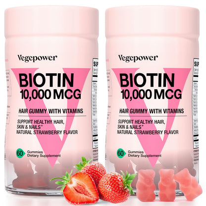 Biotin Gummies 10000mcg - Vegan Hair Growth Gummies for Women & Girls | Strawberry, Non-GMO, 120 Bears