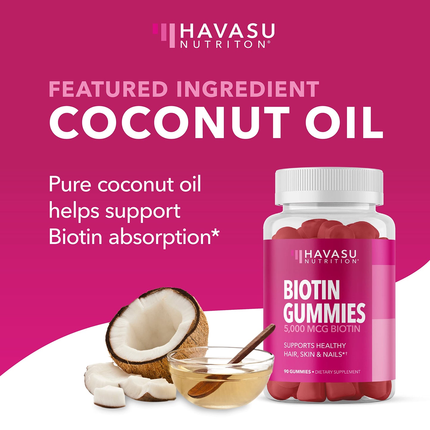 Biotin Gummies 5000mcg for Hair, Skin & Nails – Vegan Vitamin B7, Strawberry Flavor, 90 Count
