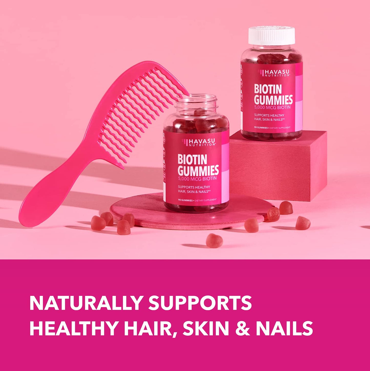 Biotin Gummies 5000mcg for Hair, Skin & Nails – Vegan Vitamin B7, Strawberry Flavor, 90 Count