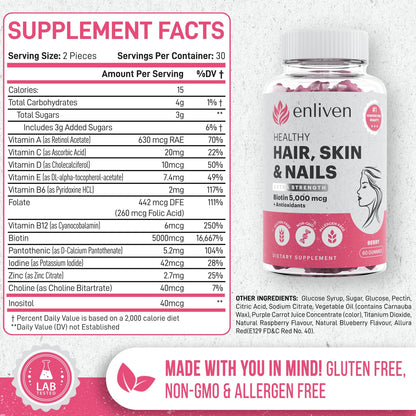 Biotin Gummies 5000mcg for Hair Growth & Strong Nails | Vegan Berry 60 Gummies
