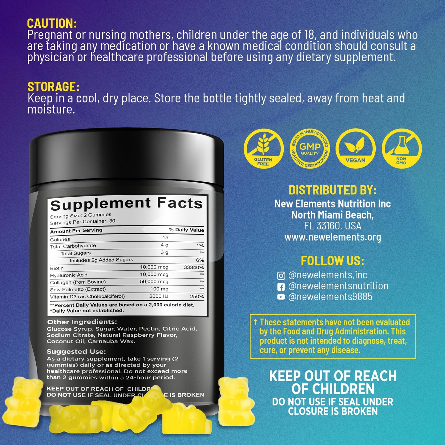 Biotin Gummies with Collagen, Vitamin D3, Saw Palmetto & Hyaluronic Acid for Hair, Skin & Nails