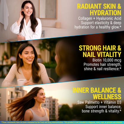 Biotin Gummies with Collagen, Vitamin D3, Saw Palmetto & Hyaluronic Acid for Hair, Skin & Nails