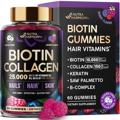 Biotin Gummies with Collagen 10,000 mcg – Hair, Skin & Nails Support (Sugar-Free, Mixed Berry) 60 Gummies