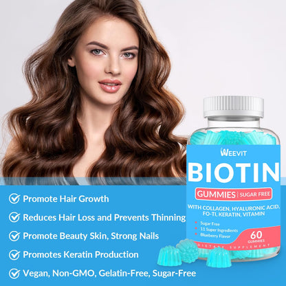 Biotin Gummies for Hair, Nails & Skin – Sugar Free, Gluten Free | Collagen & Biotin Vitamins