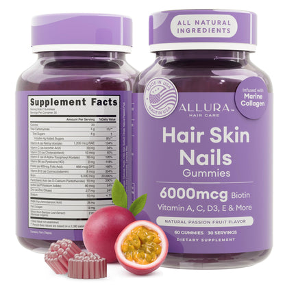 Biotin Hair Gummies 6000mcg – Hair, Skin & Nails Vitamins for Women | Made in USA | Passion Fruit 60ct
