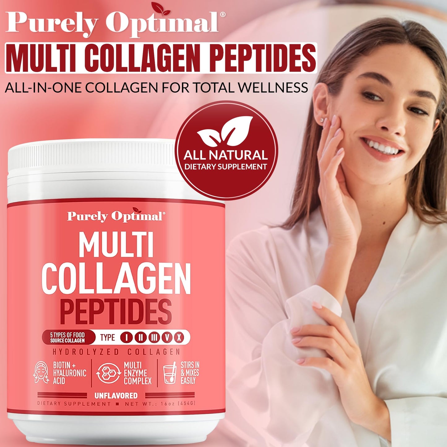 Purely Optimal Multi Collagen Powder for Women – 5 Types, Biotin & Hyaluronic Acid (Unflavored, 42 Servings)