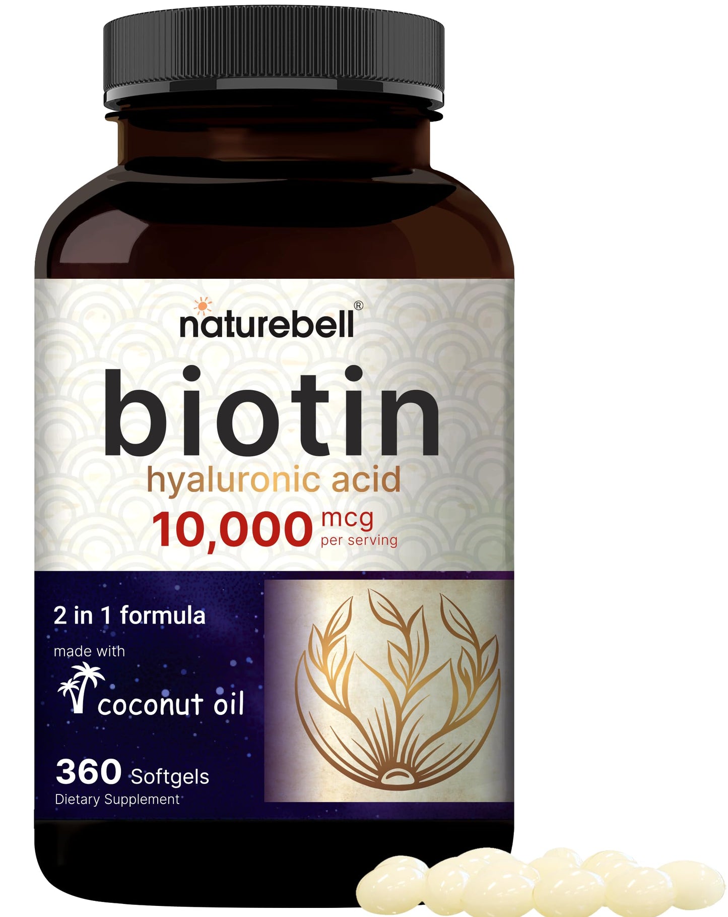 Biotin 10000mcg + Hyaluronic Acid 25mg Softgels | 360 Coconut Oil | Hair Skin Nails