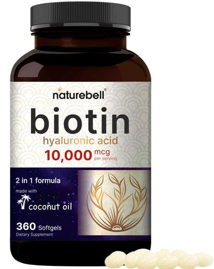 Biotin 10000mcg + Hyaluronic Acid 25mg Softgels | 360 Coconut Oil | Hair Skin Nails