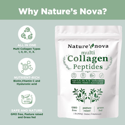 Nature's Nova Multi Collagen Peptides Powder - Types I, II, III, V, X + Biotin & Hyaluronic Acid
