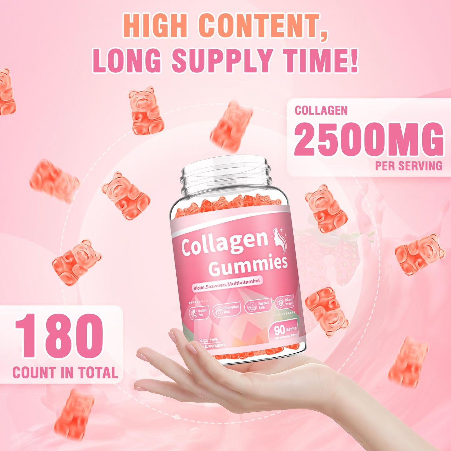 180 Count Collagen Gummies 2500mg – Biotin, Keratin, Hyaluronic Acid, Strawberry