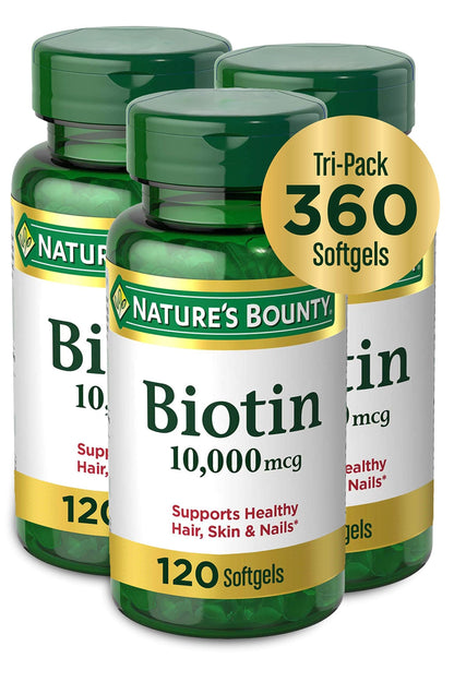 Nature's Bounty Biotin 10,000 mcg – Hair, Skin & Nails – Pack of 3, 120 Count
