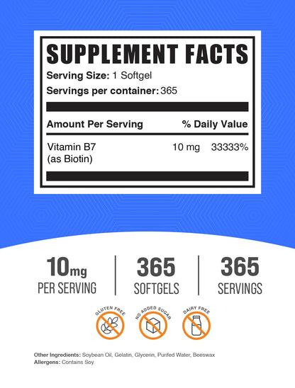 Biotin 10000mcg Softgels – Vitamin B7 for Hair, Skin & Nails | Gluten Free | 365 Count