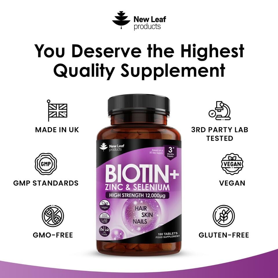 Biotin Hair Growth Vitamins 12000mcg – High Strength, Coconut Oil | Vegan & UK Made | New Leaf