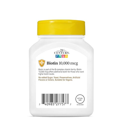 21st Century Biotin Tablets - 10,000 mcg Unflavored, 120 Count