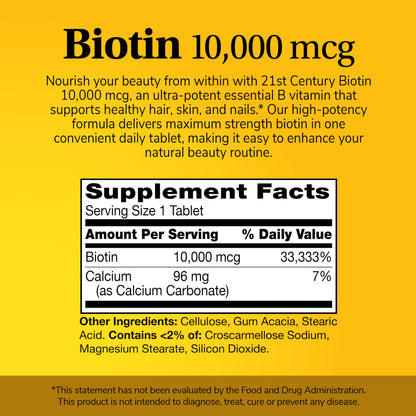 21st Century Biotin Tablets - 10,000 mcg Unflavored, 120 Count