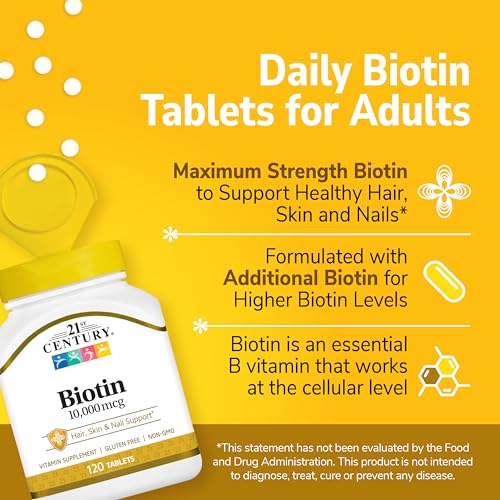 21st Century Biotin Tablets - 10,000 mcg Unflavored, 120 Count