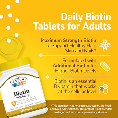 21st Century Biotin Tablets - 10,000 mcg Unflavored, 120 Count