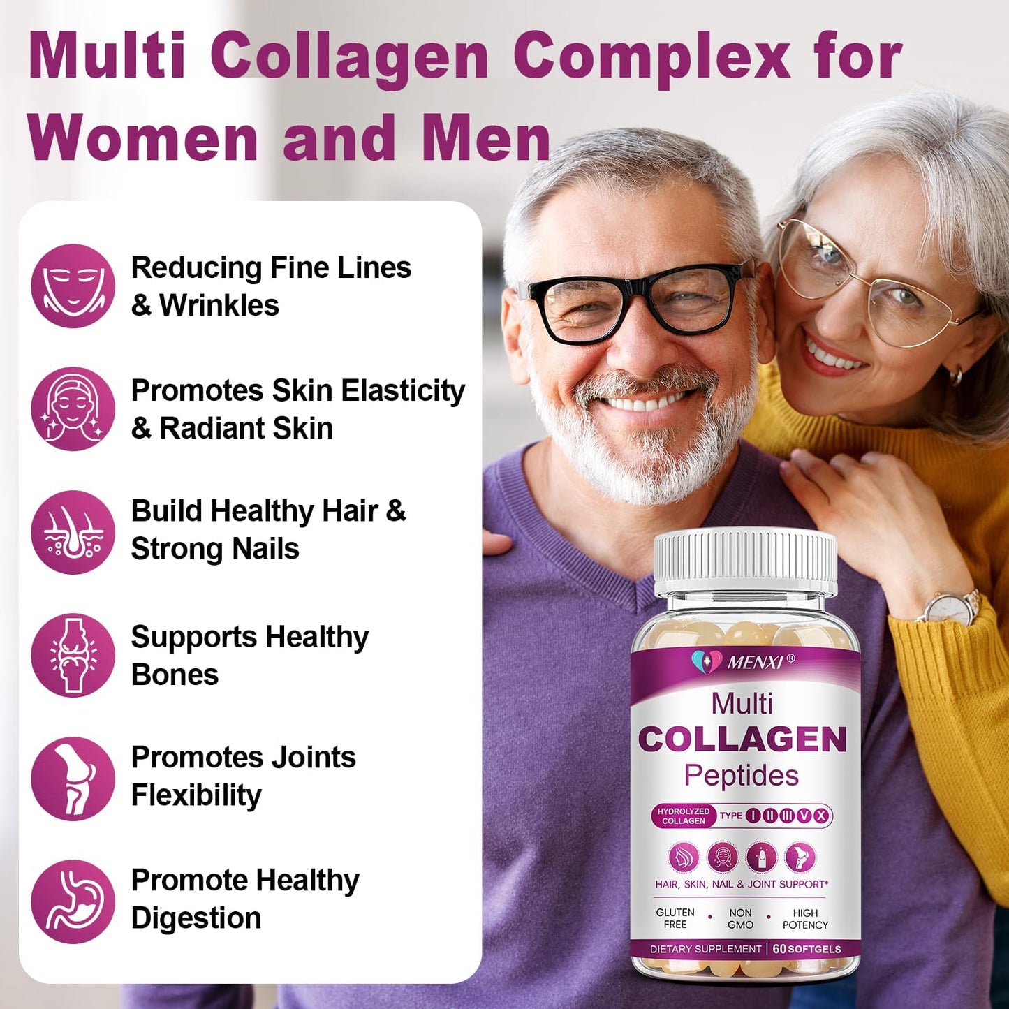 Multi Collagen Peptides Softgels – Types I, II, III, V, X – Biotin, Vitamin C & Hyaluronic Acid – Skin, Hair, Nails & Joints – Non-GMO, 60 Softgels