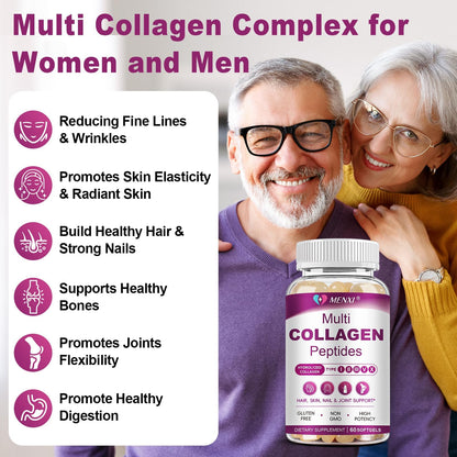 Multi Collagen Peptides Softgels – Types I, II, III, V, X – Biotin, Vitamin C & Hyaluronic Acid – Skin, Hair, Nails & Joints – Non-GMO, 60 Softgels