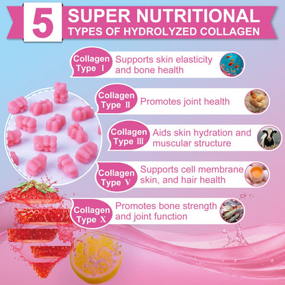Multi Collagen Peptides Gummies Type I-V, X with Biotin & Hyaluronic Acid – Supports Skin, Hair & Nails | 60 Count, 1 Pack