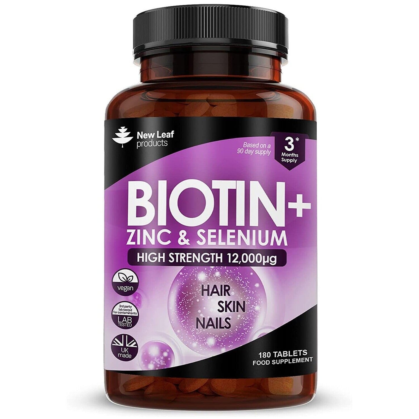 Biotin Hair Growth Vitamins 12000mcg – High Strength, Coconut Oil | Vegan & UK Made | New Leaf
