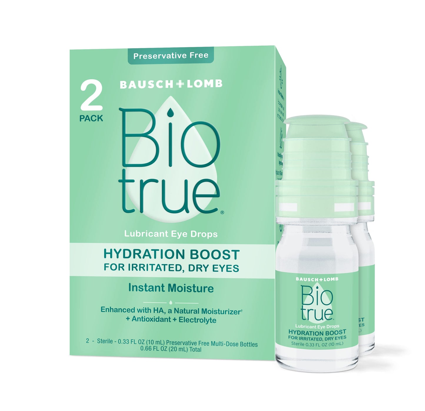 Biotrue Hydration Boost Eye Drops - Preservative-Free, Instant Moisture, Contact Lens Friendly (Pack of 2, 0.33 FL OZ each)
