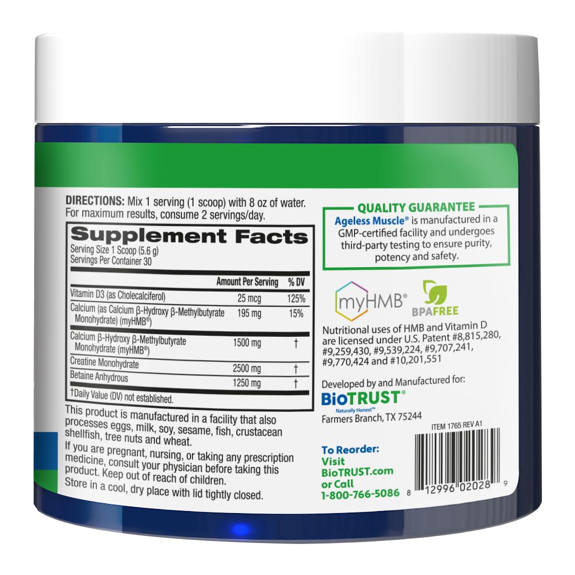 BioTrust Ageless Muscle Builder - Creatine HMB Powder with Vitamin D3 & Betaine - Unflavored, 30 Servings
