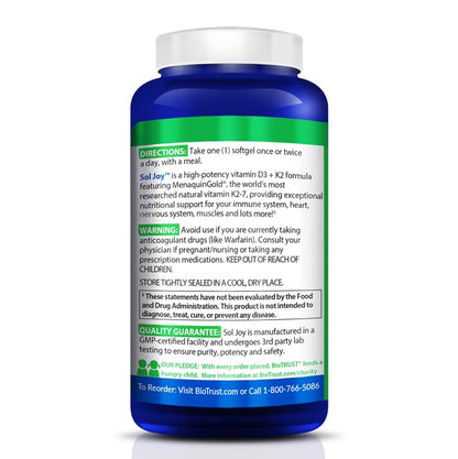 BioTrust Sol Joy: High-Potency Vitamin D3 K2 (50 mcg) Softgels