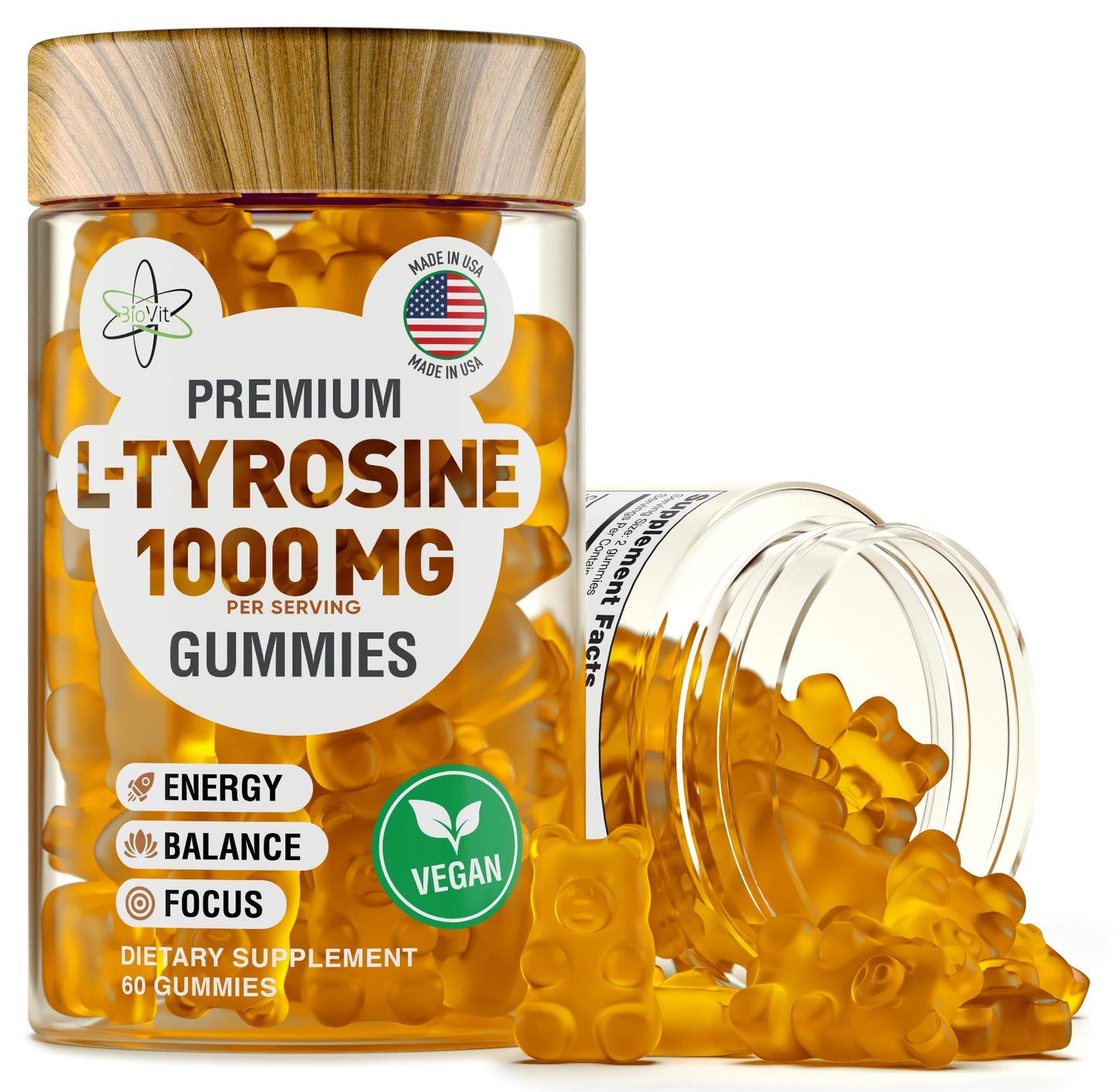 BioVit L-Tyrosine Gummies – 1000mg per Serving | Focus, Mood & Energy (60 Vegan Gummies)